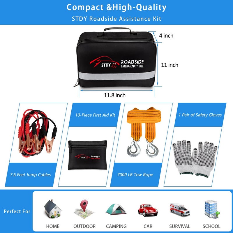 STDY Car Roadside Emergency Kit, Vehicle Truck Safety Road Side Assistance Kits Auto Accessory, with Jumper Cables, Car Vacuum, etc - Image 2